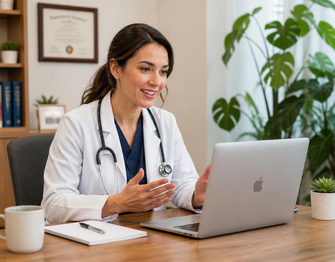 Physician conducting a video consultation from her office