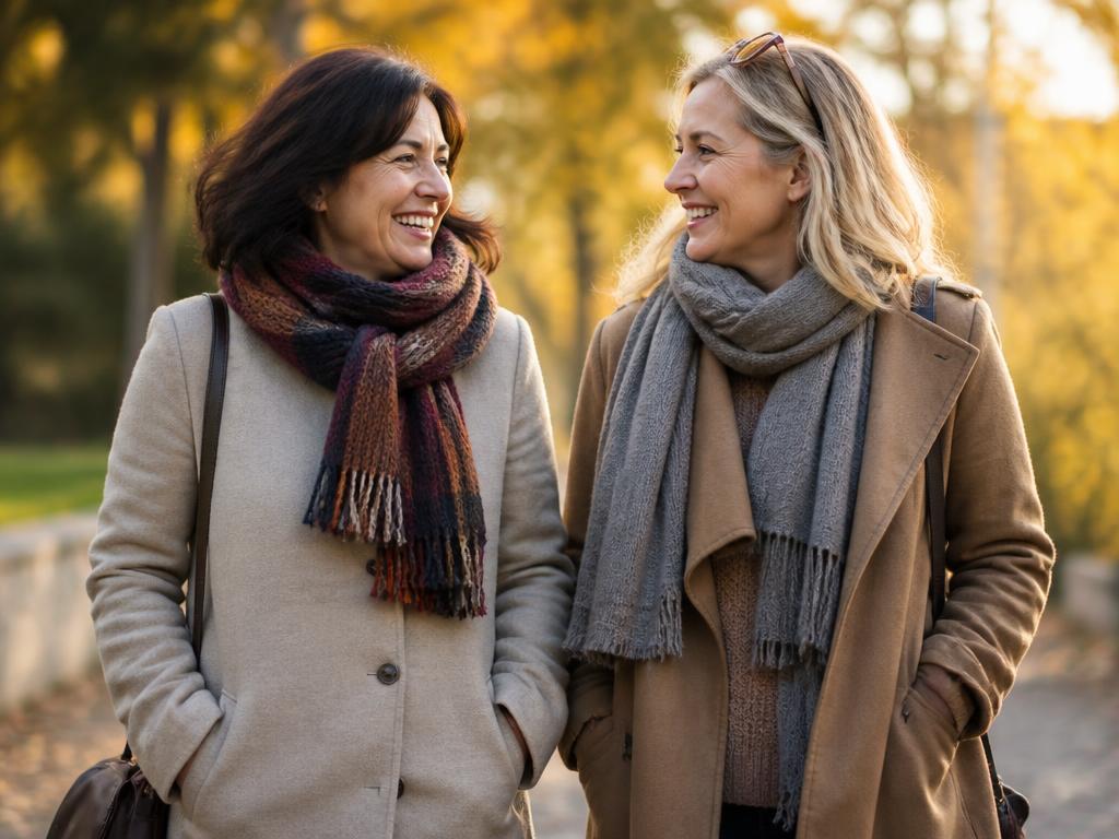 Two members walking outdoors and talking